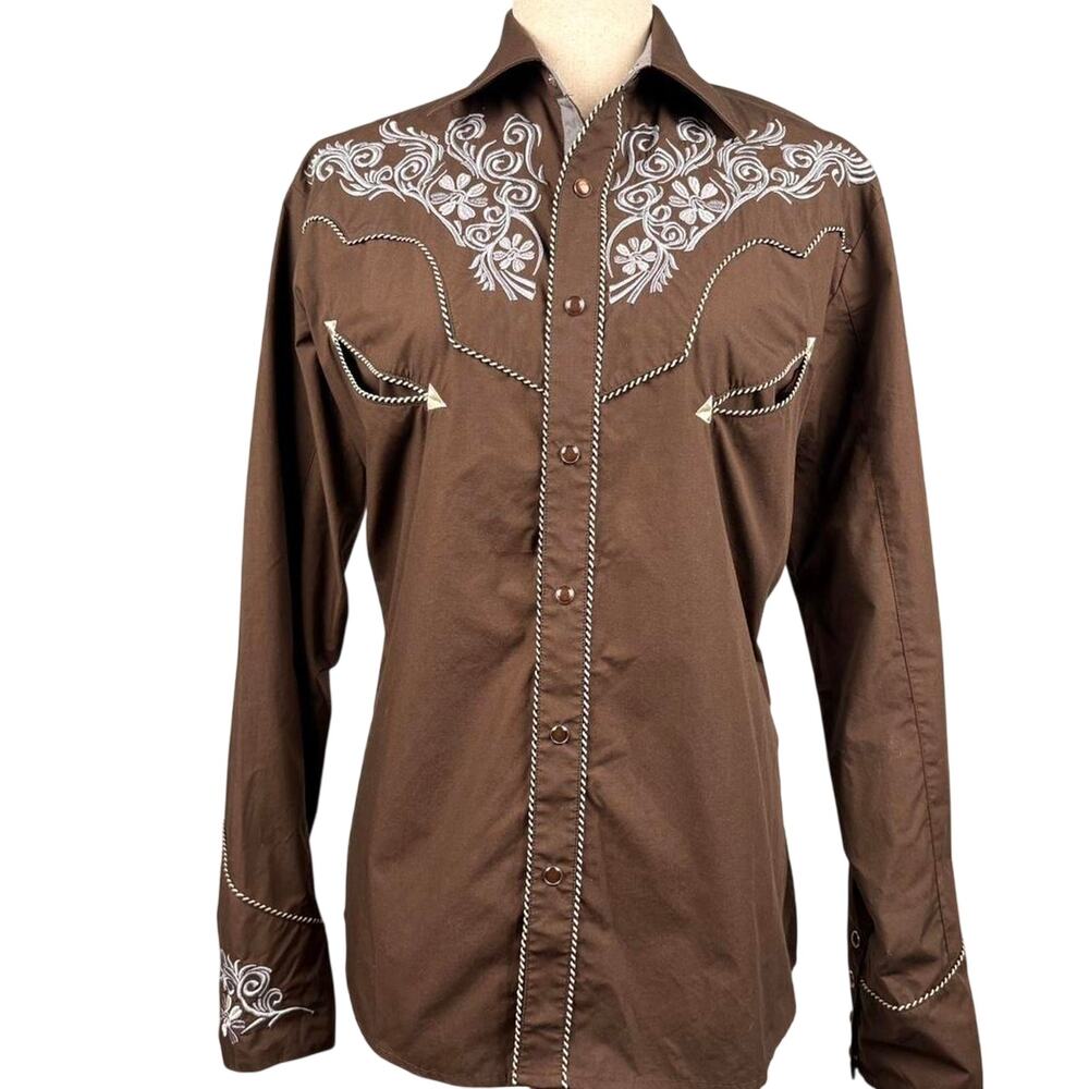El Pionero Embroidered Western Pearl Snap Shirt Brown S - Picture 2 of 6